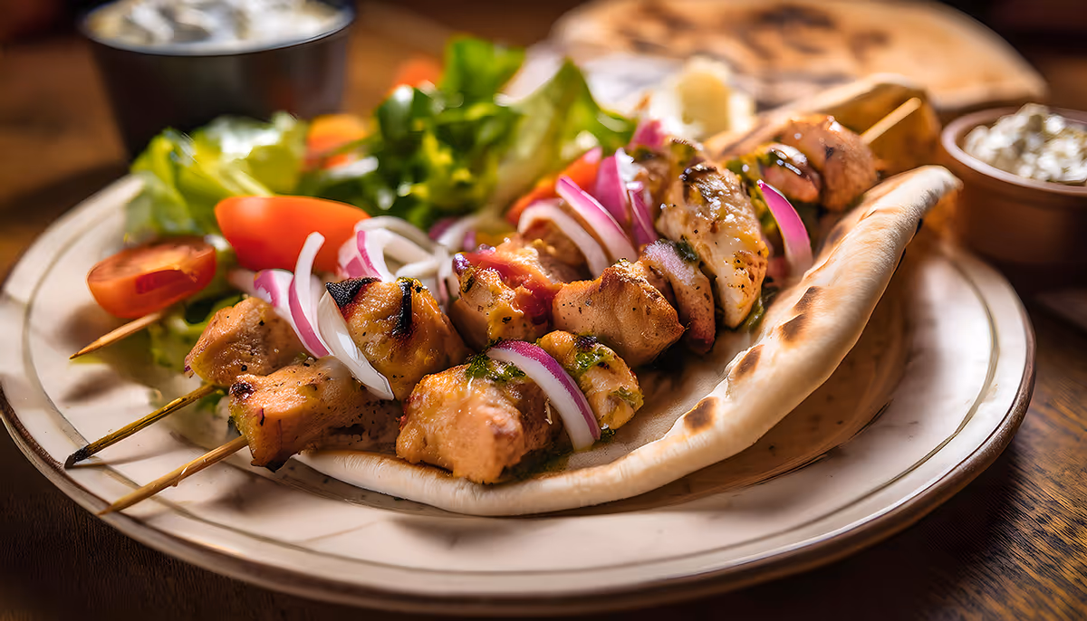 Gegrillte Fleischspieße mit roten Zwiebeln, Rettich und Salat auf Fladenbrot, serviert mit zwei Dips.